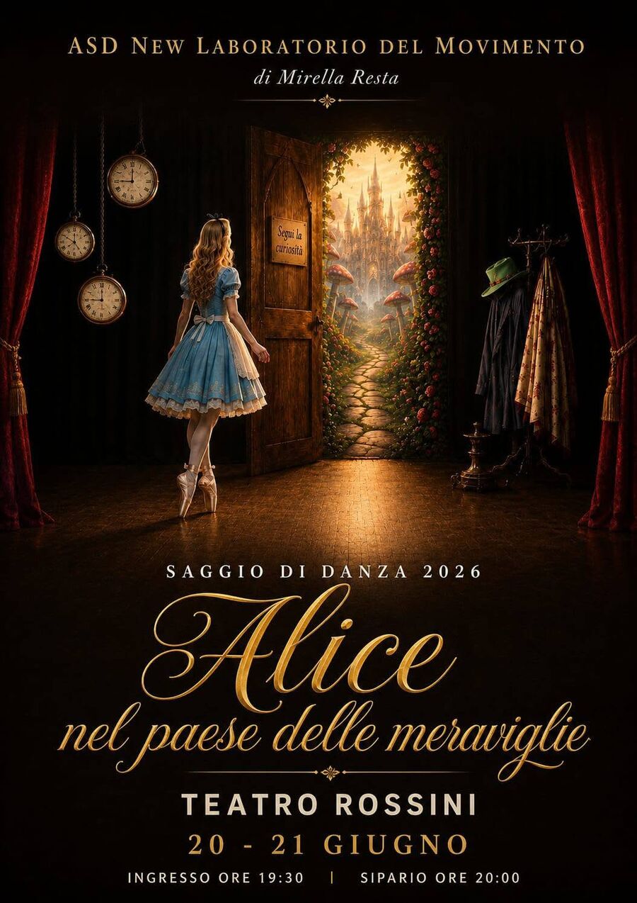 Locandina del saggio Alice nel paese delle meraviglie — Teatro Rossini, 20 e 21 giugno 2026